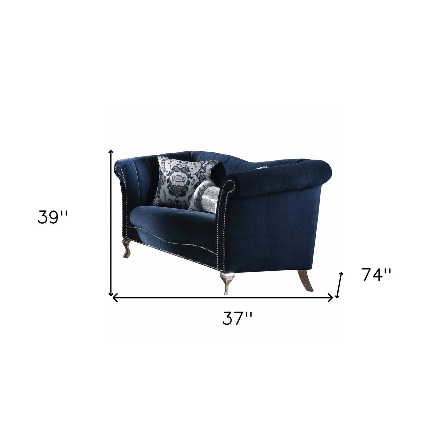 37" X 74" X 39" Blue Velvet Upholstery Acrylic Leg Loveseat W2 Pillows