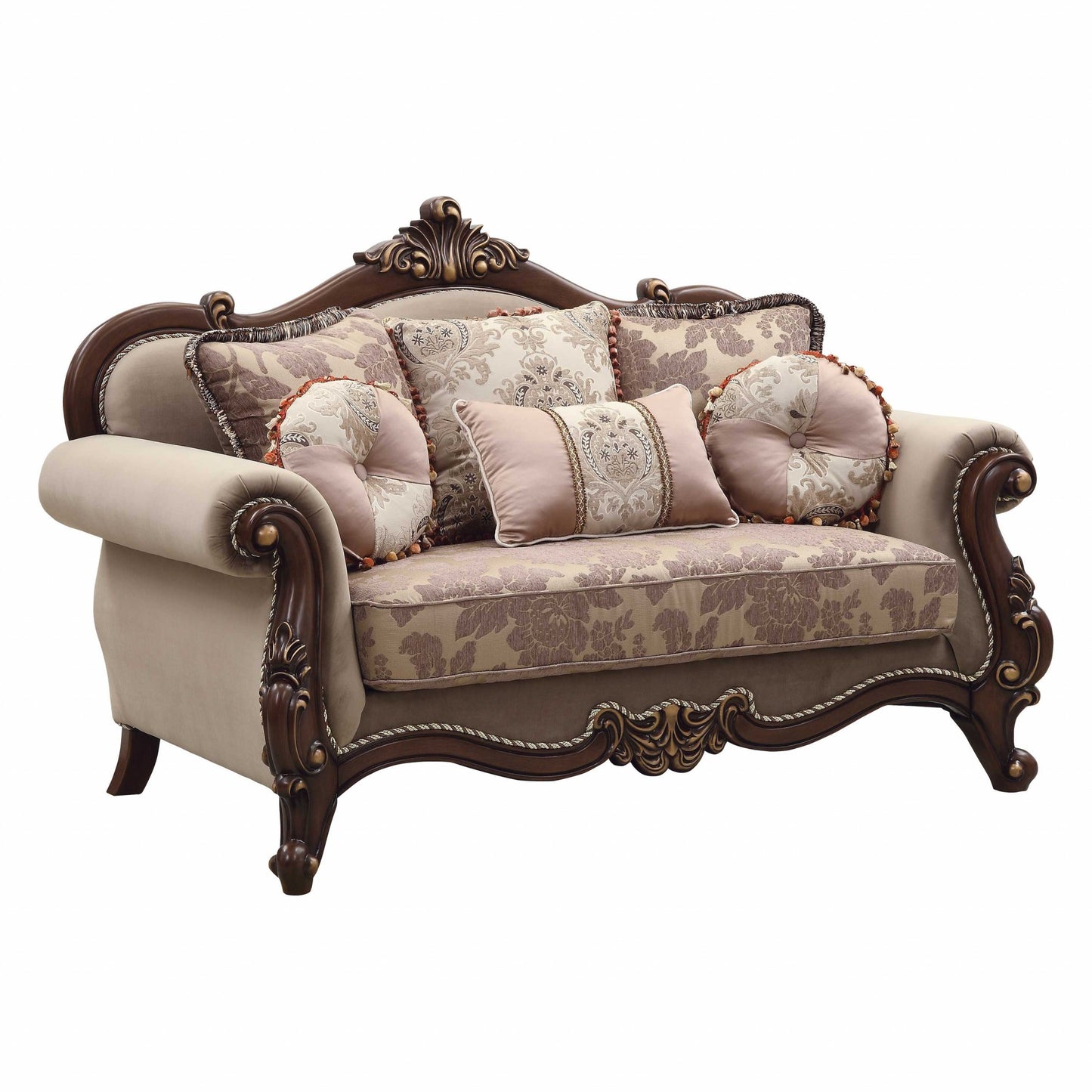 38" X 69" X 45" Fabric Walnut Upholstery Wood Legtrim Loveseat W6 Pillows