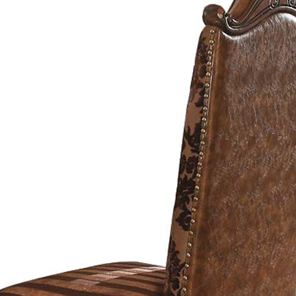 27" X 22" X 49" 2Tone Brown Faux Leather Fabric Cherry Oak Upholstery Finish Side Chair Set2