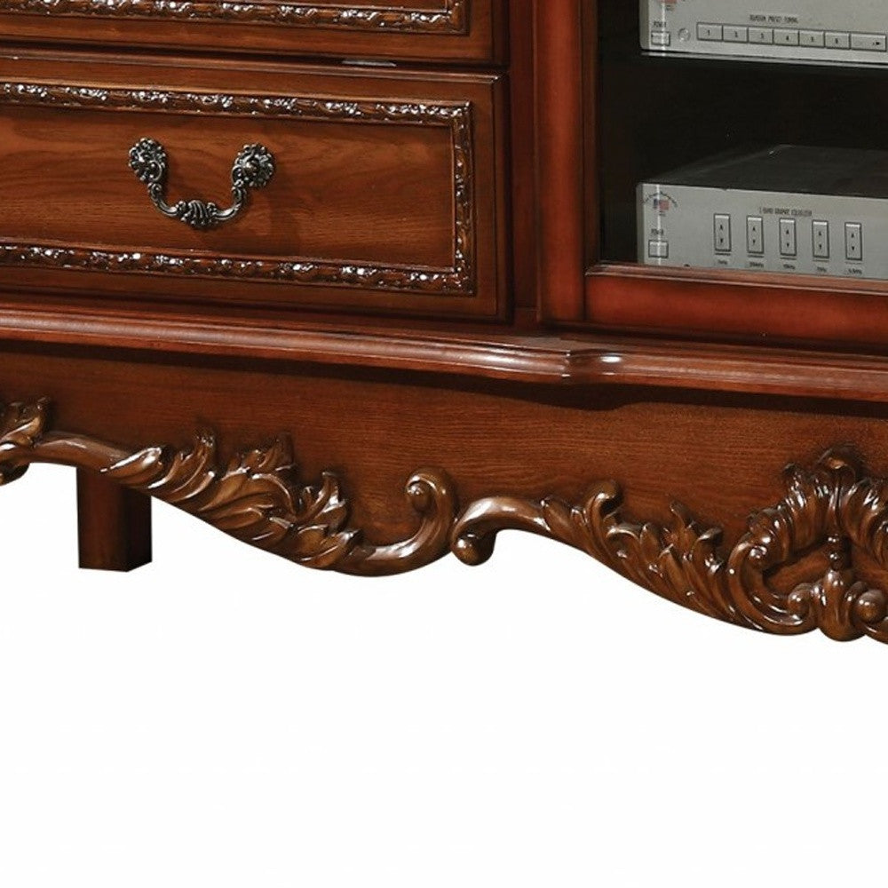 21" X 74" X 31" Antique Platinum Wood Poly Resin Glass Tv Console