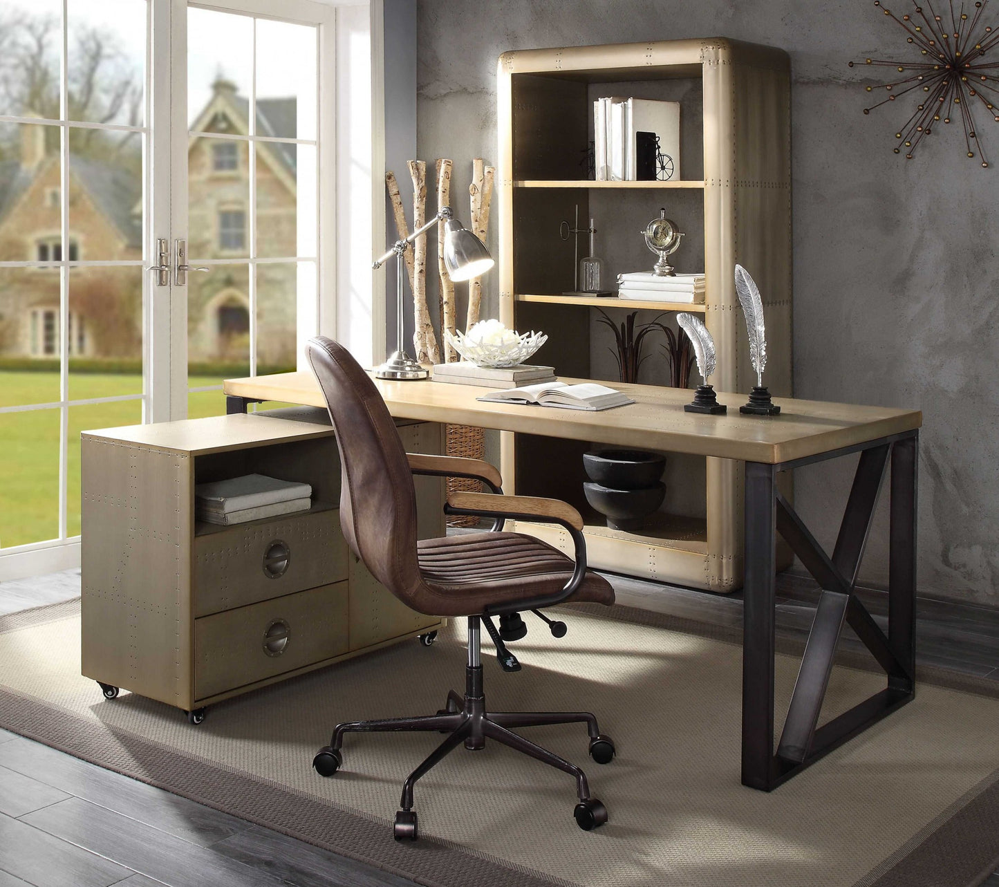34" Gold Solid Wood Rectangular Computer Desk