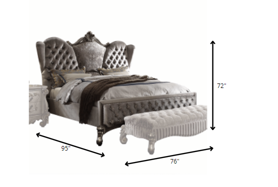 King Tufted Gray And Gray and Black Upholstered Velvet Bed With Nailhead Trim