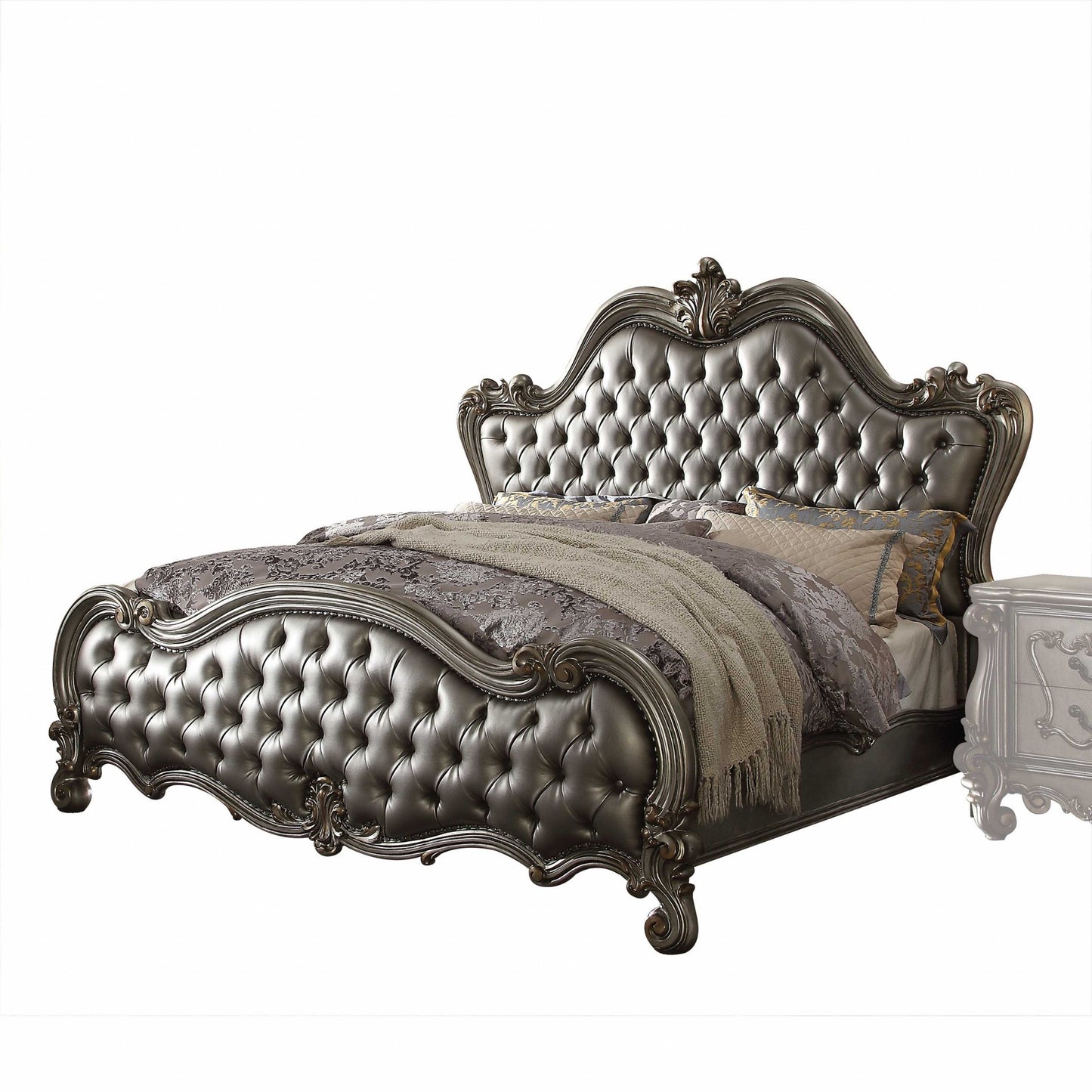 King Tufted Silver Upholstered Faux Leather Bed With Nailhead Trim