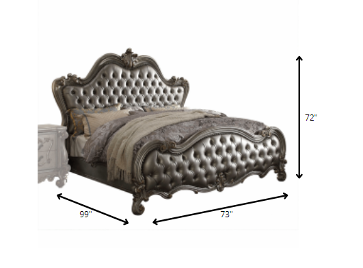 King Tufted Silver Upholstered Faux Leather Bed With Nailhead Trim