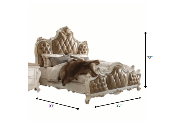 King Tufted Beige Upholstered Faux Leather Bed With Nailhead Trim