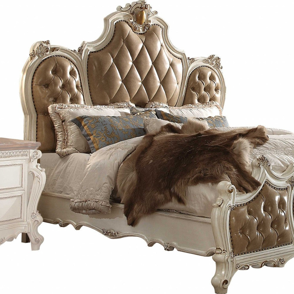 King Tufted Beige Upholstered Faux Leather Bed With Nailhead Trim