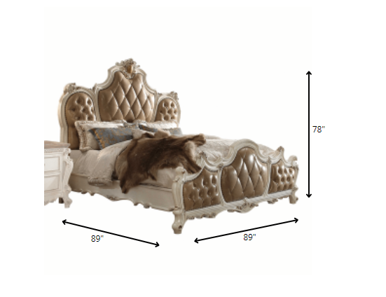King Tufted Beige Upholstered Faux Leather Bed With Nailhead Trim