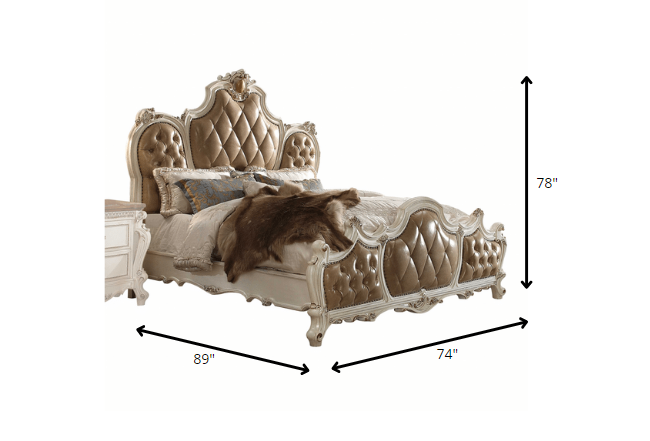 King Tufted Beige Upholstered Faux Leather Bed With Nailhead Trim