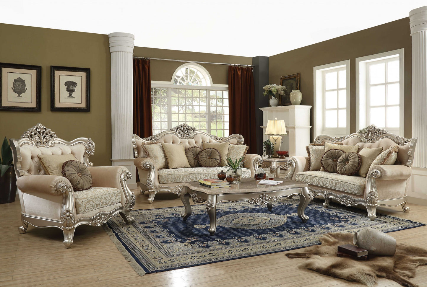 41" X 72" X 49" Fabric Champagne Upholstery Wood Legtrim Loveseat W5 Pillows
