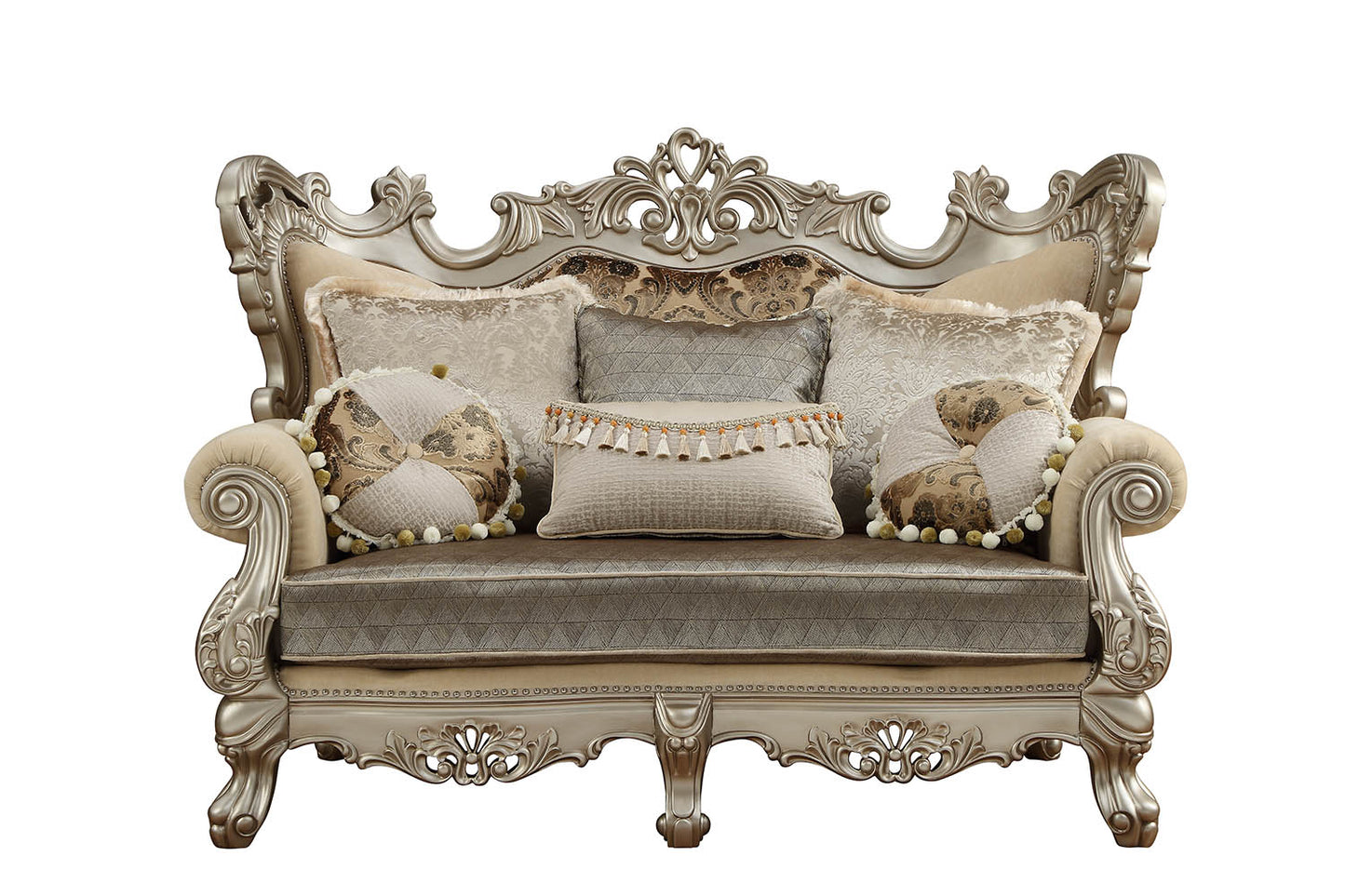 42" X 72" X 50" Fabric Champagne Upholstery Wood Legtrim Loveseat W6 Pillows