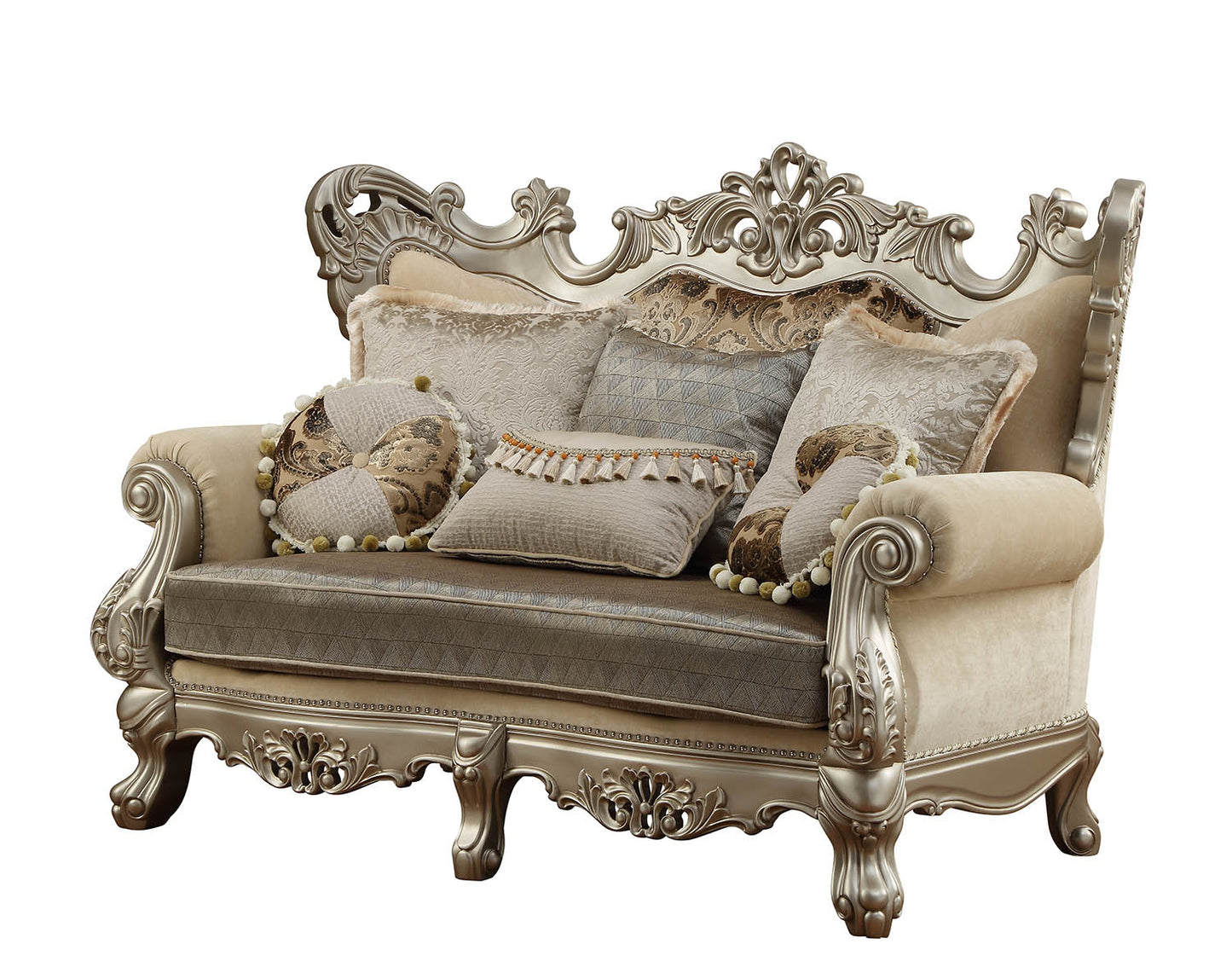 42" X 72" X 50" Fabric Champagne Upholstery Wood Legtrim Loveseat W6 Pillows