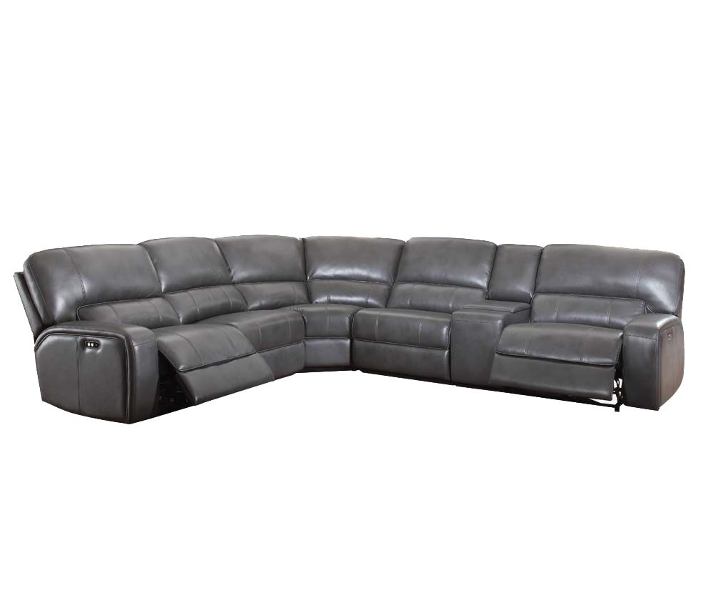 Gray Faux Leather Power Reclining L Shaped Six Piece Corner Sectional With Console