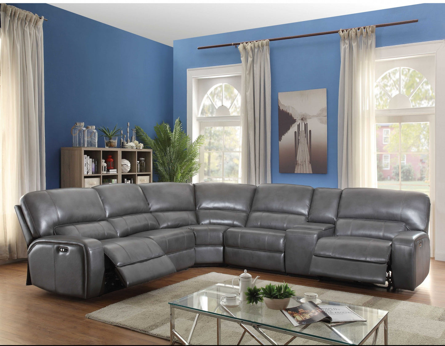 Gray Faux Leather Power Reclining L Shaped Six Piece Corner Sectional With Console