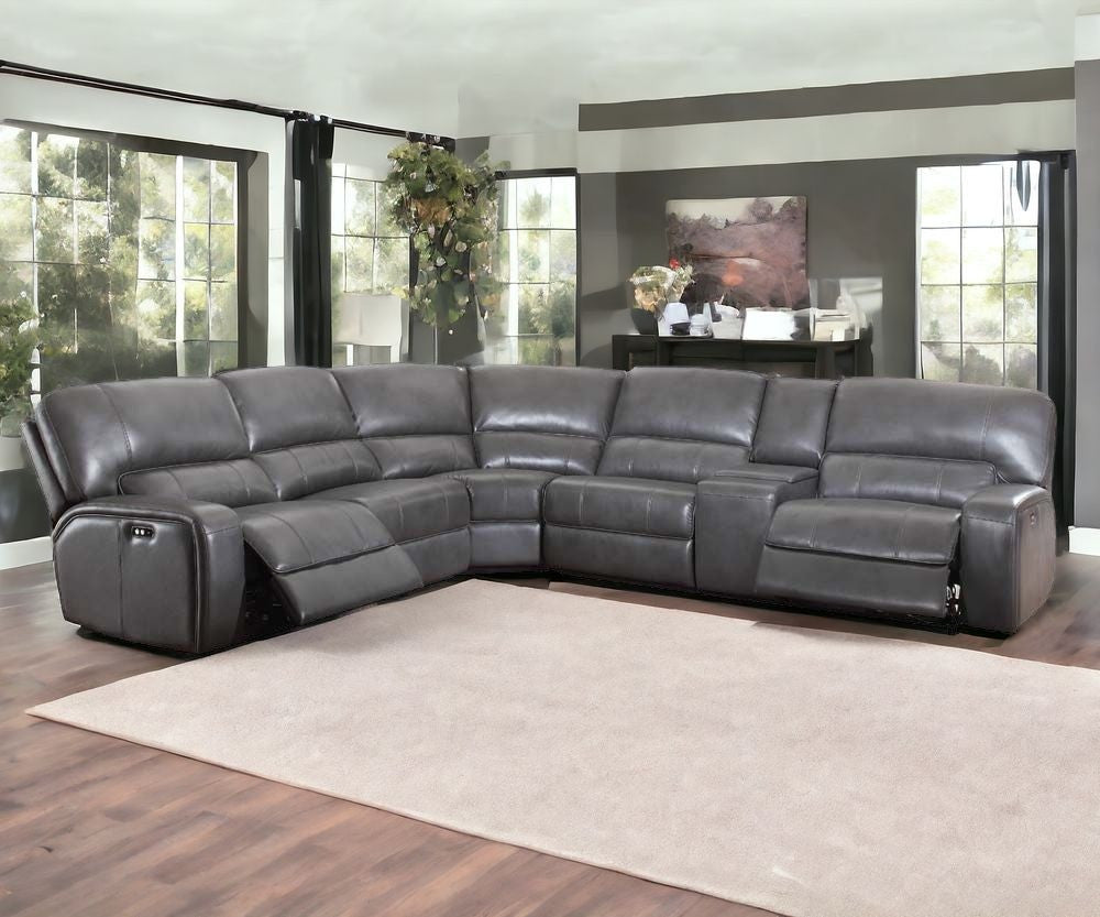 Gray Faux Leather Power Reclining L Shaped Six Piece Corner Sectional With Console