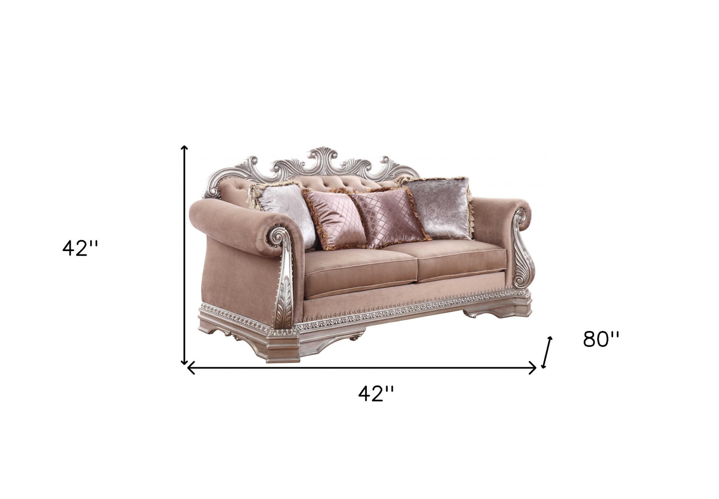 42" X 80" X 42" Velvet Antique Champagne Upholstery Poly-Resin Loveseat W4 Pillows