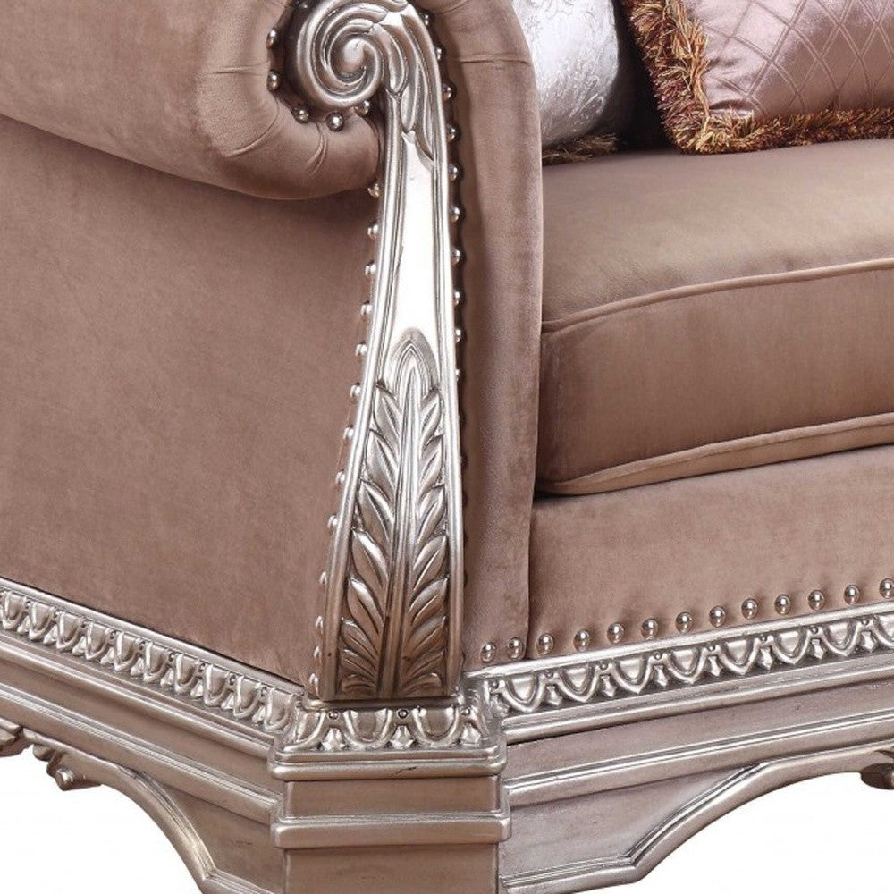 42" X 80" X 42" Velvet Antique Champagne Upholstery Poly-Resin Loveseat W4 Pillows