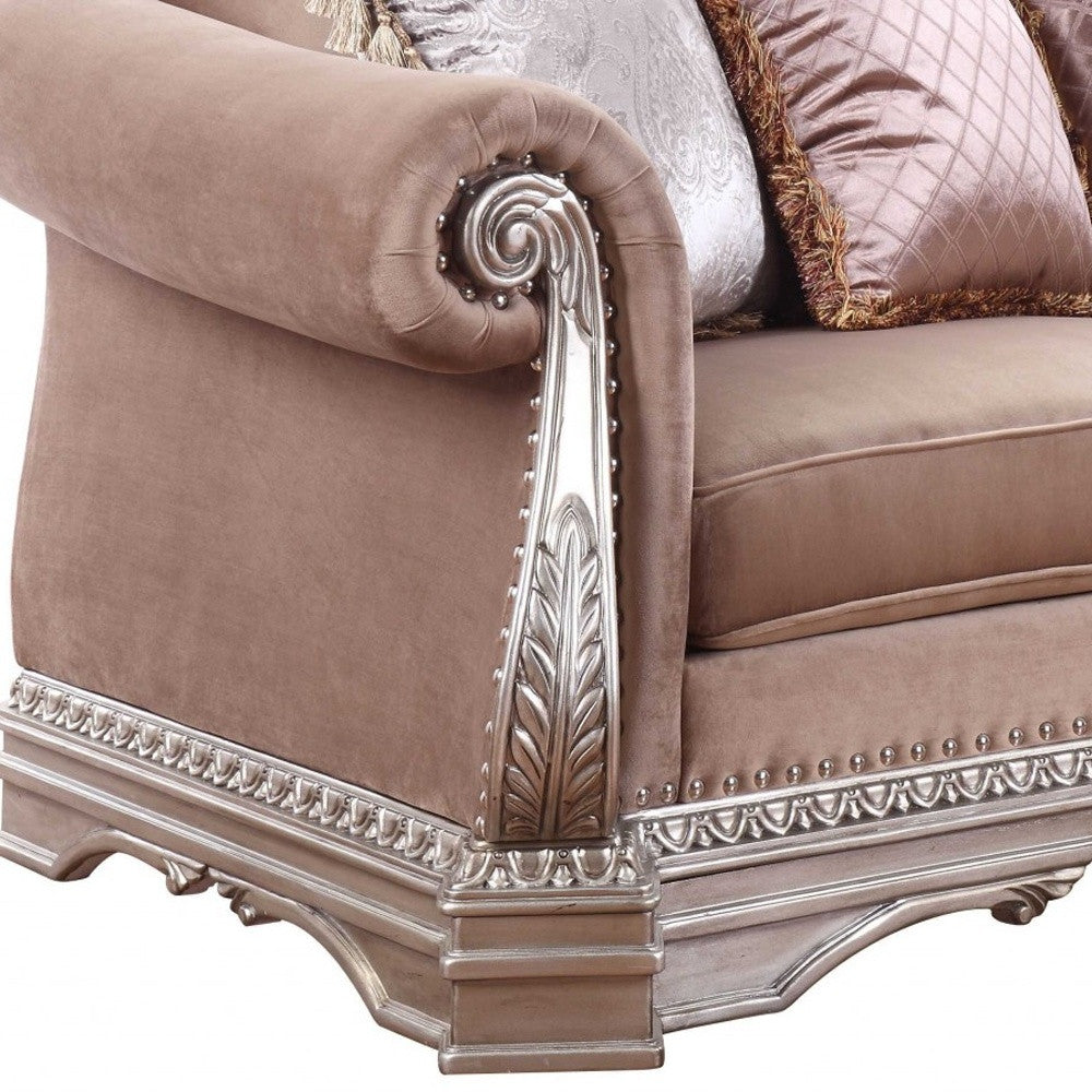42" X 80" X 42" Velvet Antique Champagne Upholstery Poly-Resin Loveseat W4 Pillows