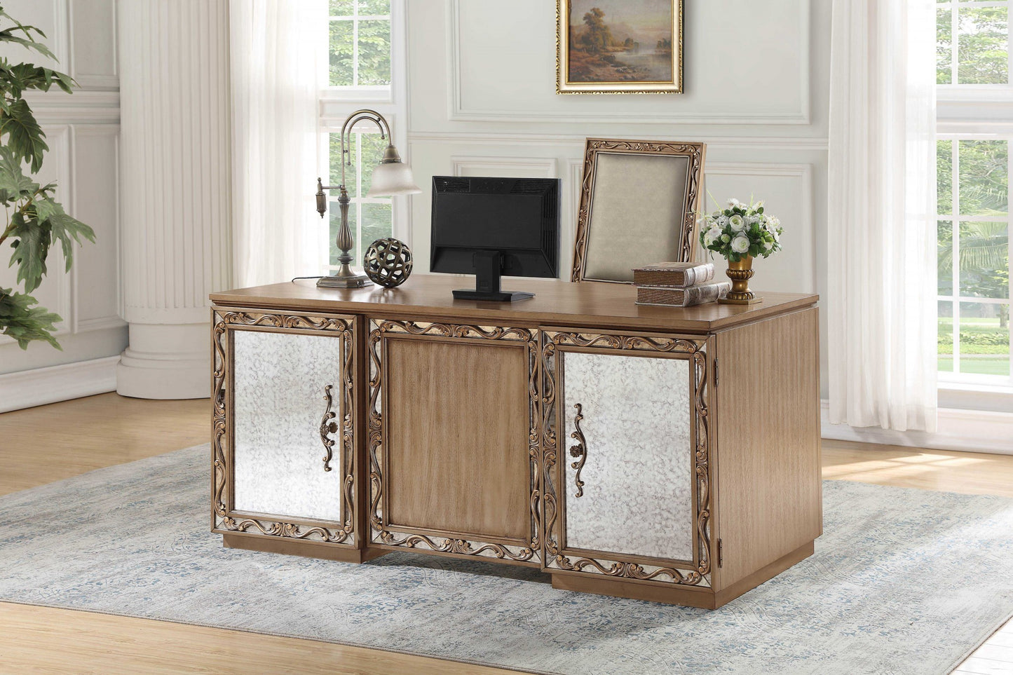 32" Brown Poplar Wood Mirrored Rectangular Executive Desk