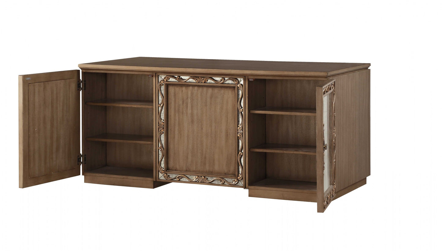 32" Brown Poplar Wood Mirrored Rectangular Executive Desk