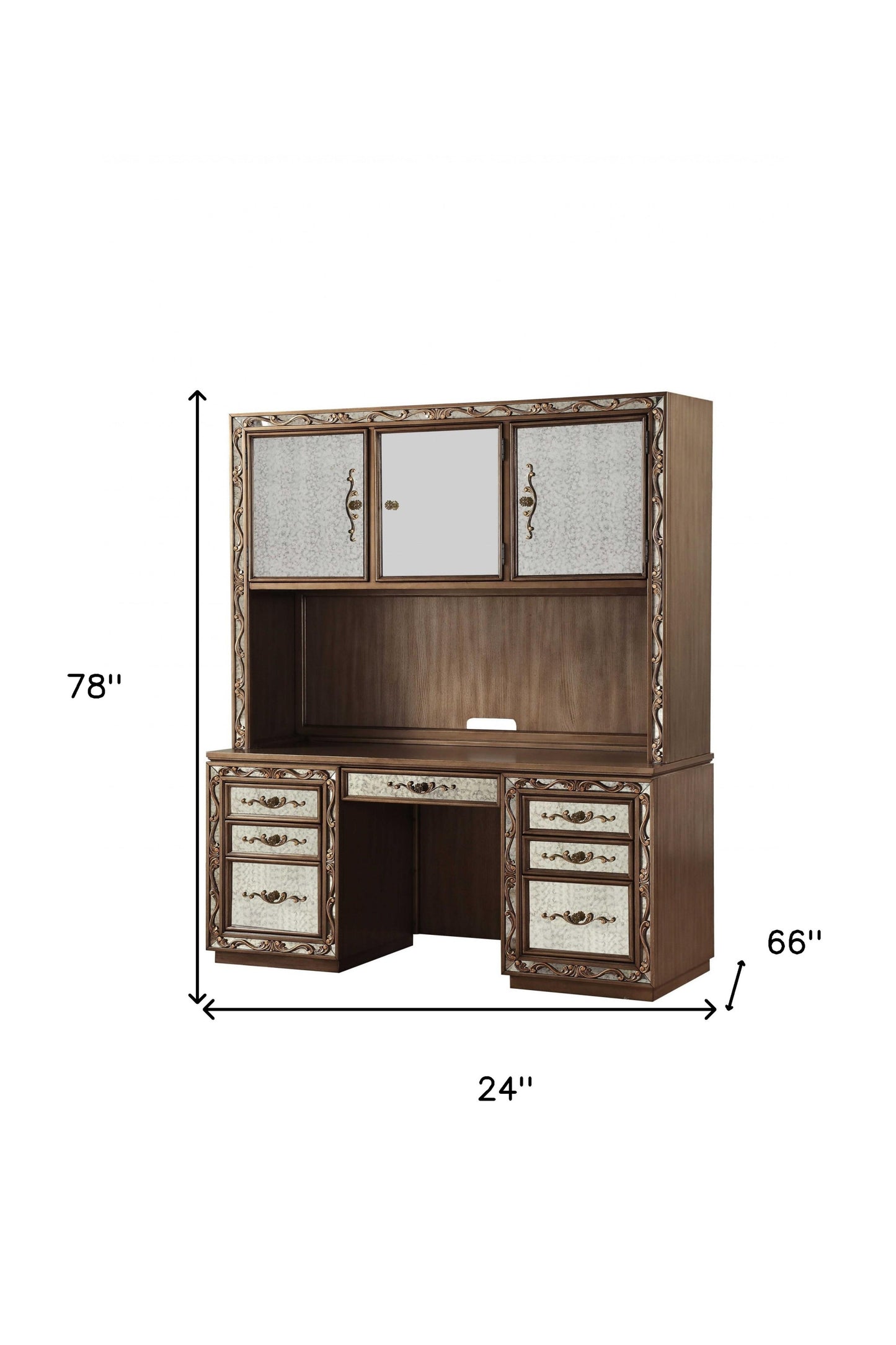 24" Gold Solid Wood Rectangular Credenza Desk With 7 Drawers
