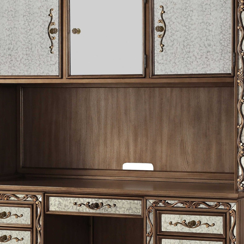 24" Gold Solid Wood Rectangular Credenza Desk With 7 Drawers