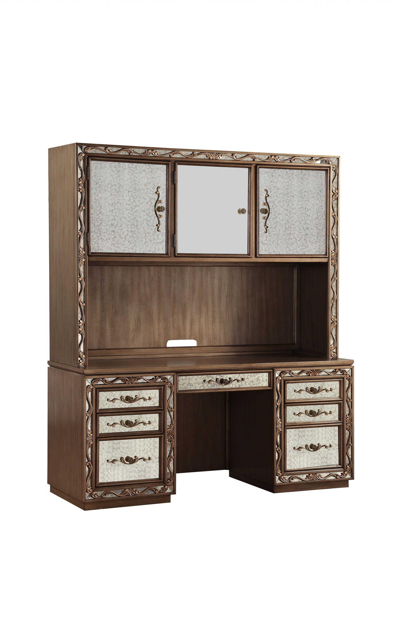 24" Gold Solid Wood Rectangular Credenza Desk With 7 Drawers