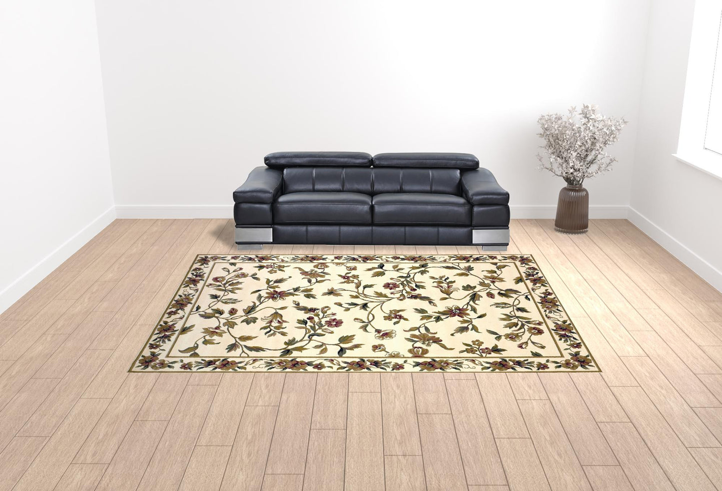 10'X13' Ivory Machine Woven Floral Vines Indoor Area Rug