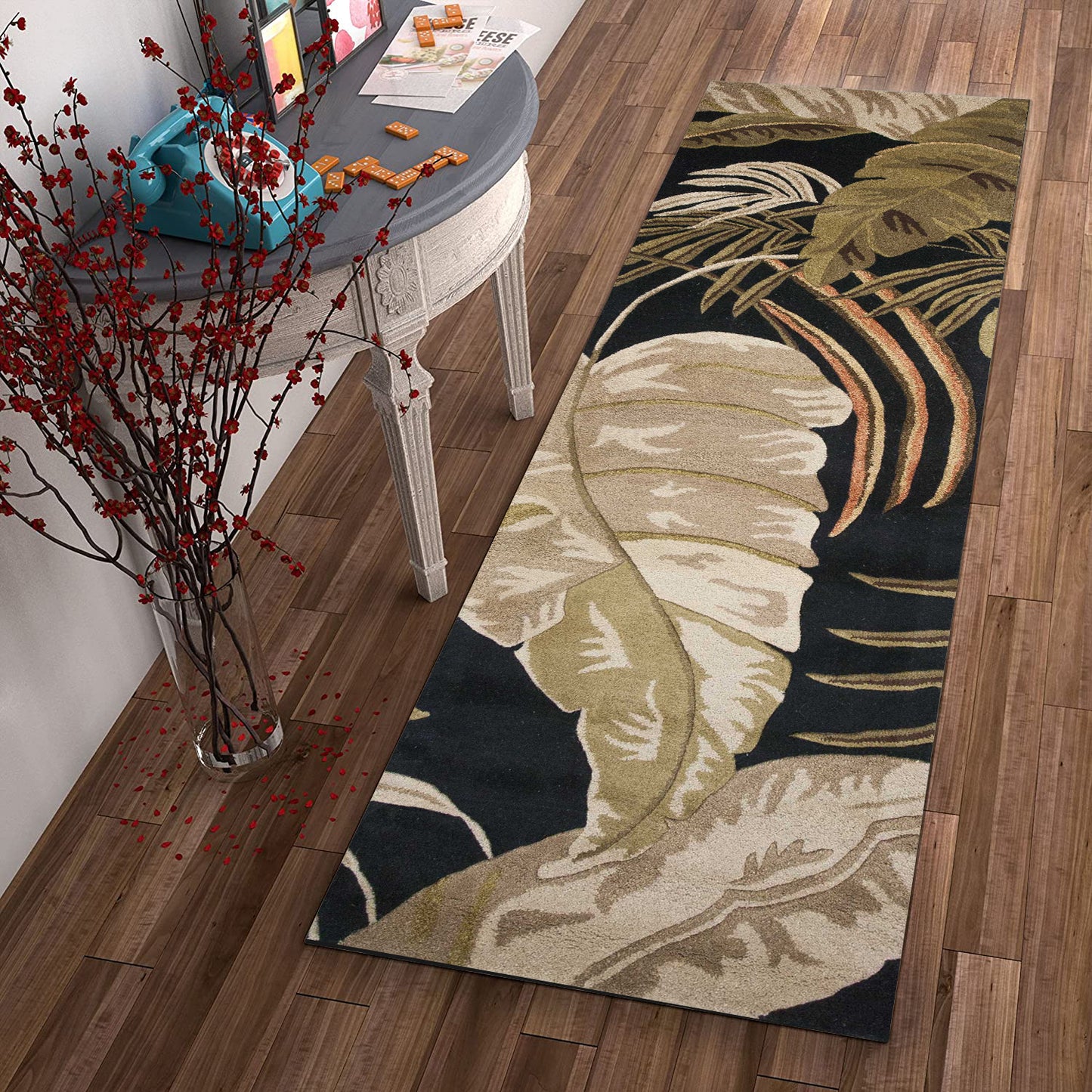 3'X5' Midnight Black Hand Tufted Tropical Leaves Indoor Area Rug