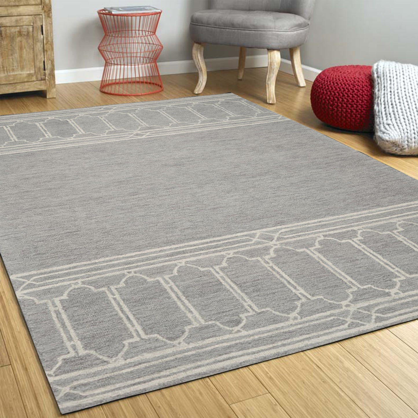 5' X 7' Grey Geometric Pattern Wool Indoor Area Rug