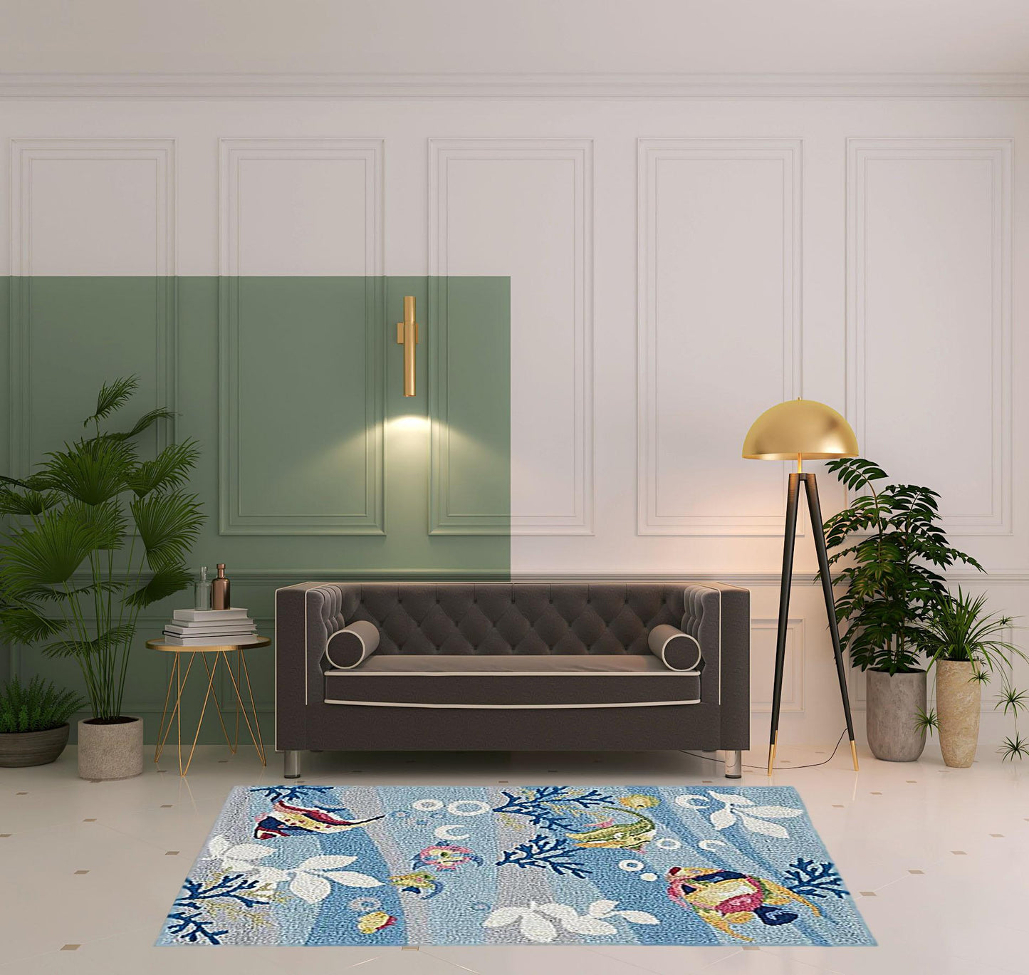 3'X5' Blue Hand Hooked Marine Life Indoor Area Rug