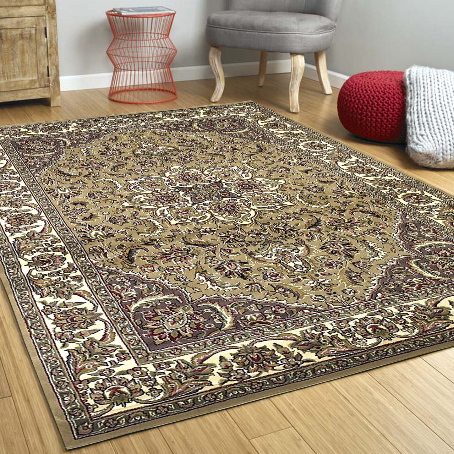 5'X8' Beige Ivory Machine Woven Floral Medallion Indoor Area Rug