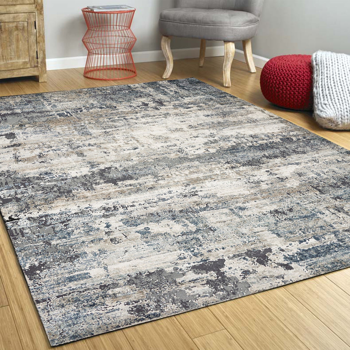 8' Ivory Teal Machine Woven Abstract Round Indoor Area Rug