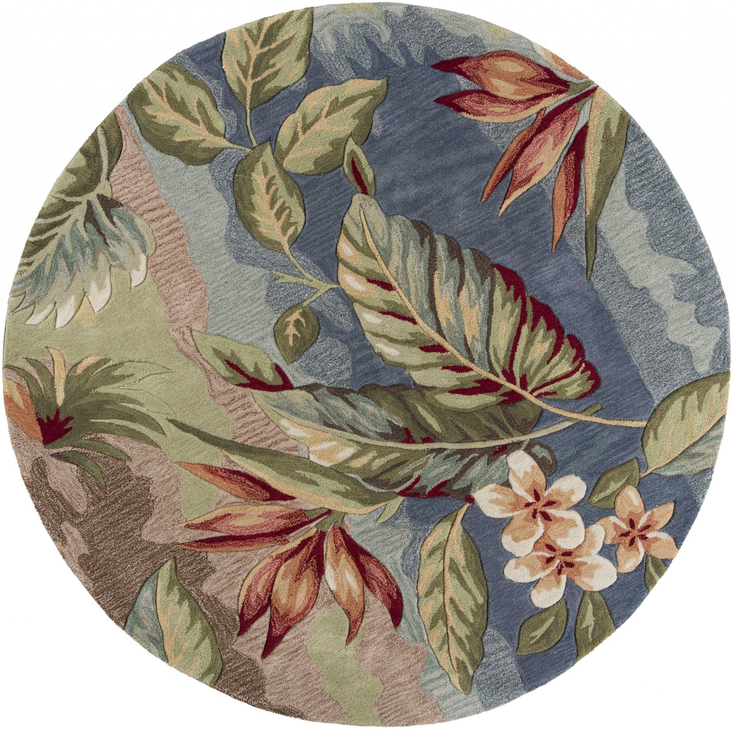 5' Round Blue Or Sage Tropical Leaves Indoor Area Rug