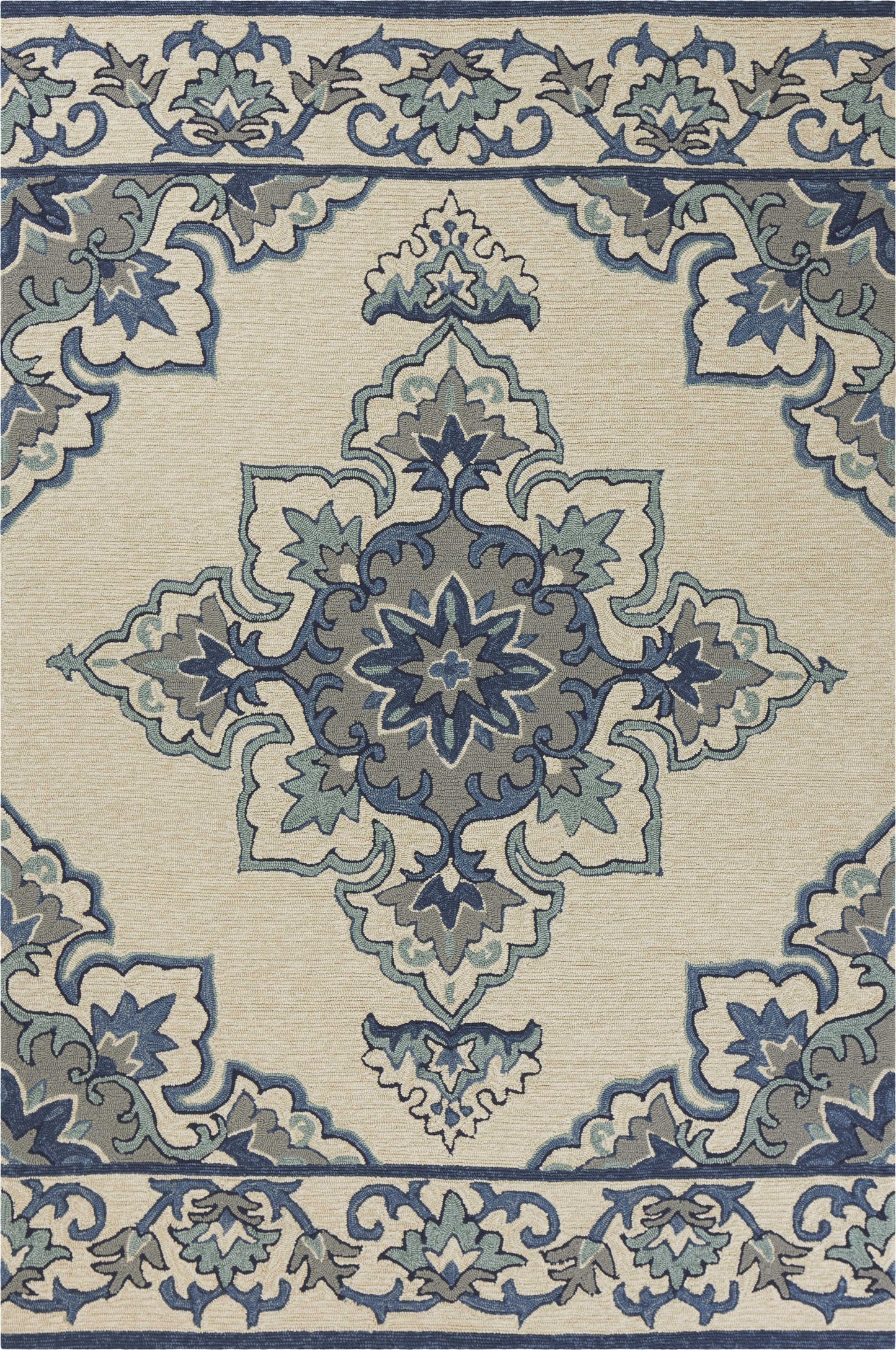 5' X 7' Ivory Or Blue Vines Bordered Uv Treated Indoor Outdoor Area Rug