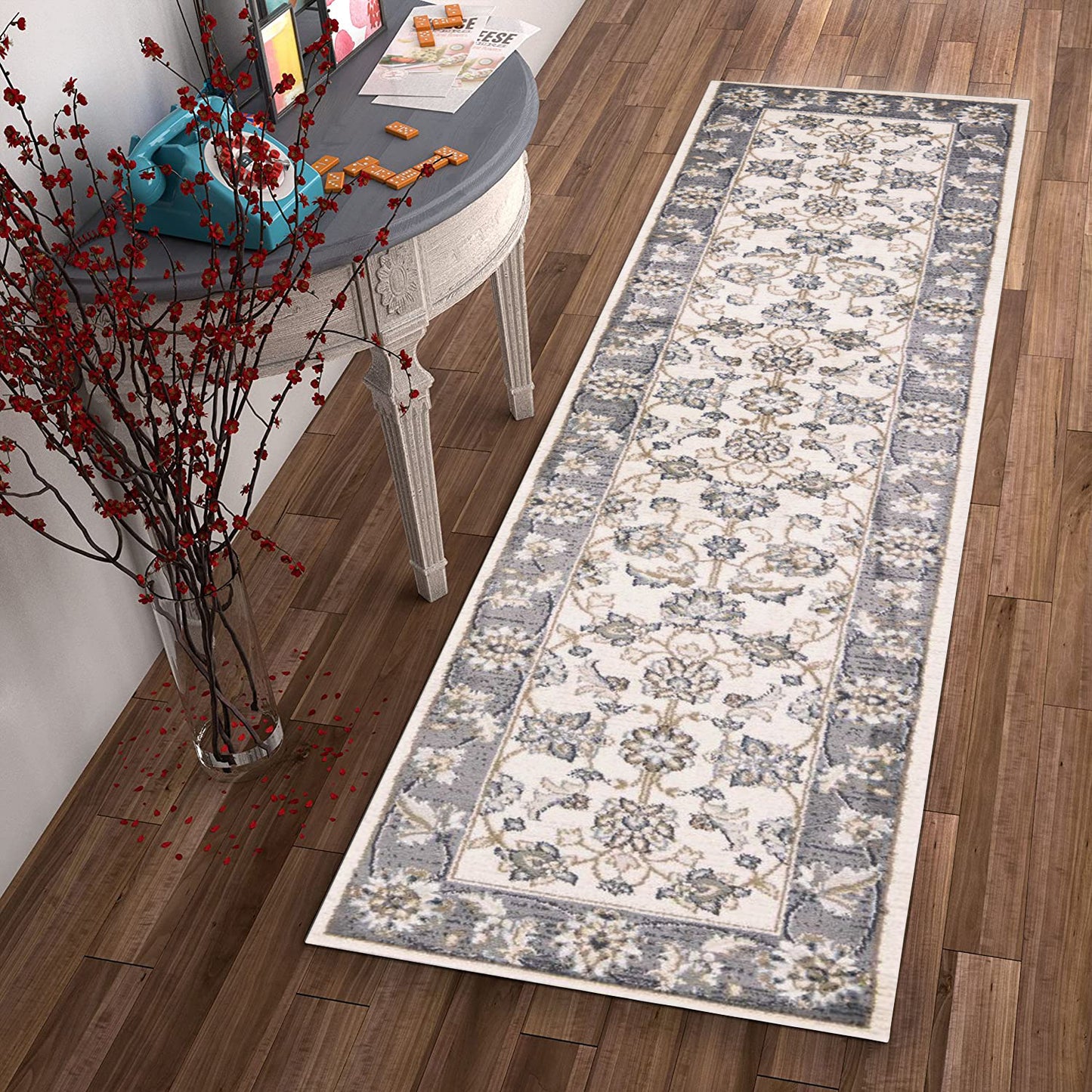 8' Ivory Grey Floral Round Indoor Area Rug