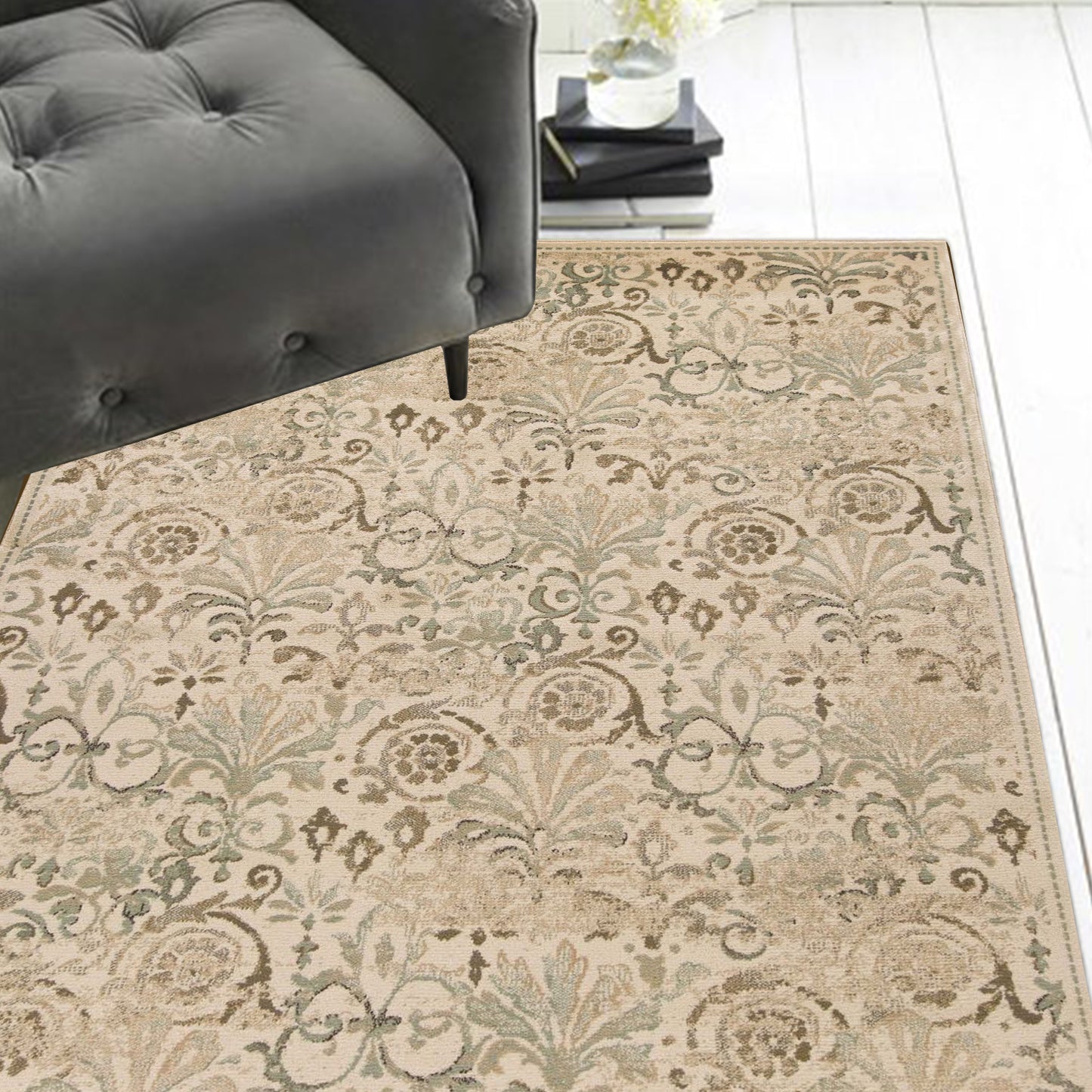 8'X11' Ivory Machine Woven Floral Traditional Indoor Area Rug