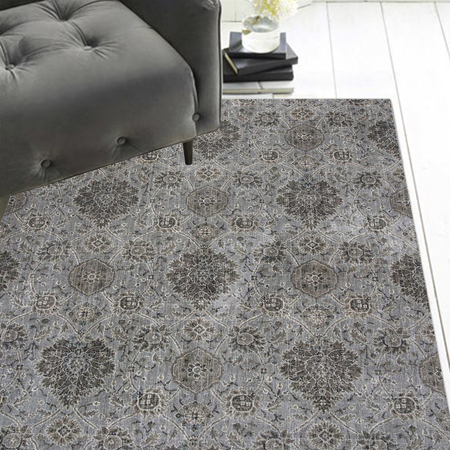 8'X11' Silver Machine Woven Traditional Floral Indoor Area Rug