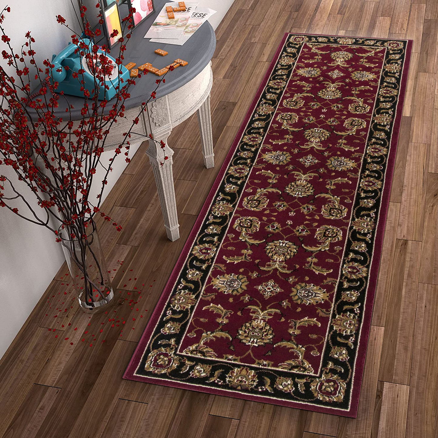 5'X8' Red Black Machine Woven Floral Traditional Indoor Area Rug