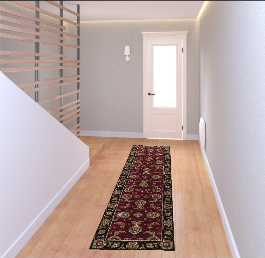 5'X8' Red Black Machine Woven Floral Traditional Indoor Area Rug