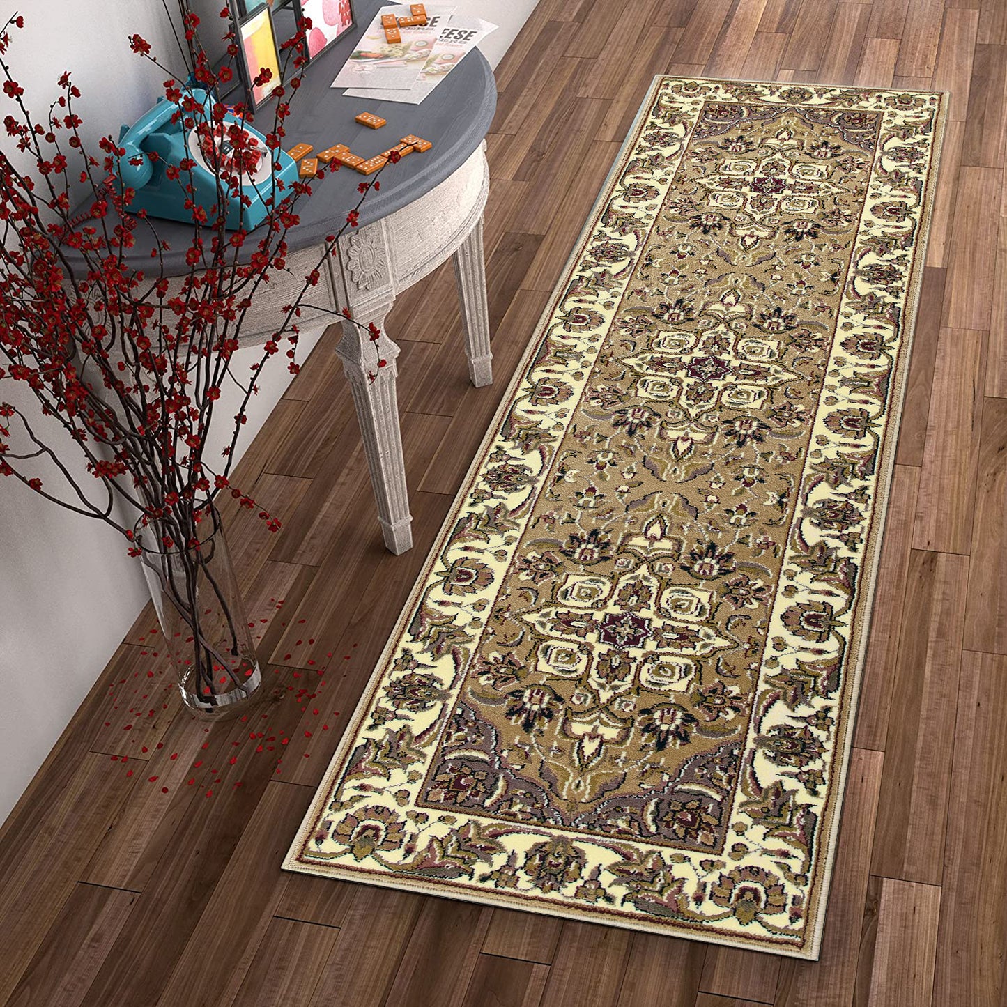 5'X8' Beige Ivory Machine Woven Floral Medallion Indoor Area Rug