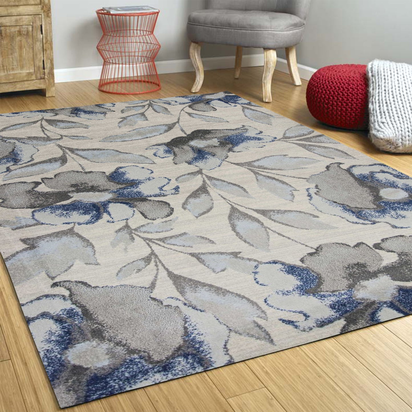 5' X 8' Grey Or Blue Floral Indoor Area Rug