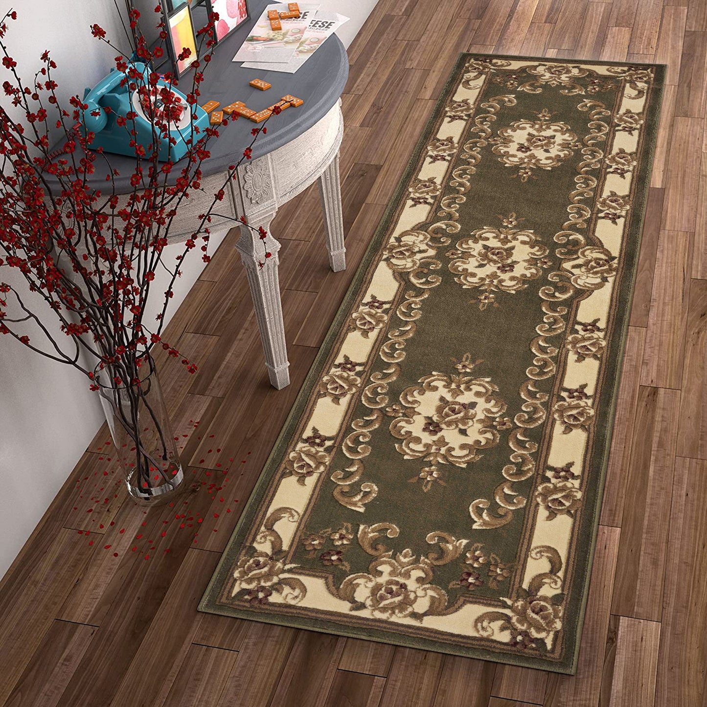 5' X 8' Green Or Ivory Floral Bordered Indoor Area Rug