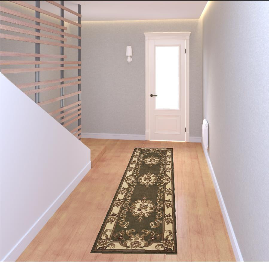 5' X 8' Green Or Ivory Floral Bordered Indoor Area Rug