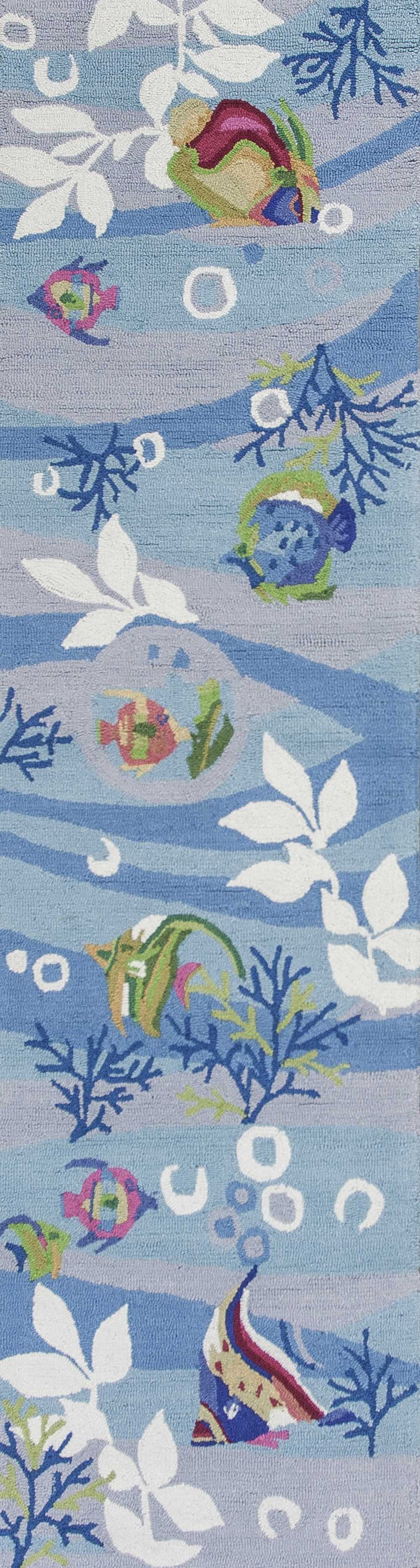 3'X5' Blue Hand Hooked Marine Life Indoor Area Rug