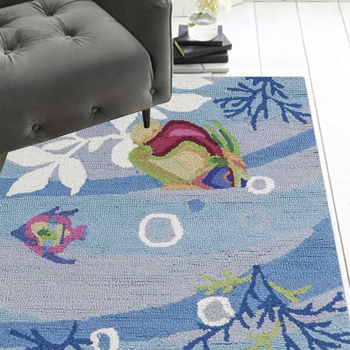 3'X5' Blue Hand Hooked Marine Life Indoor Area Rug