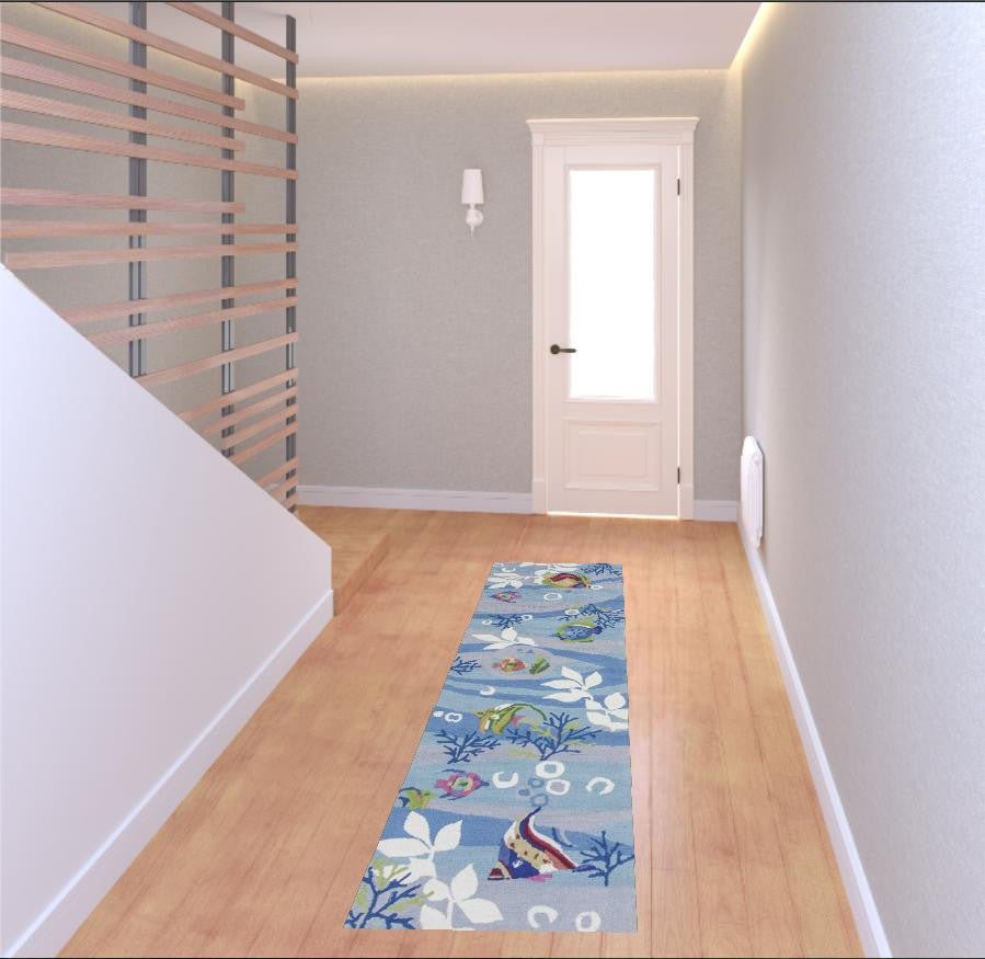 3'X5' Blue Hand Hooked Marine Life Indoor Area Rug