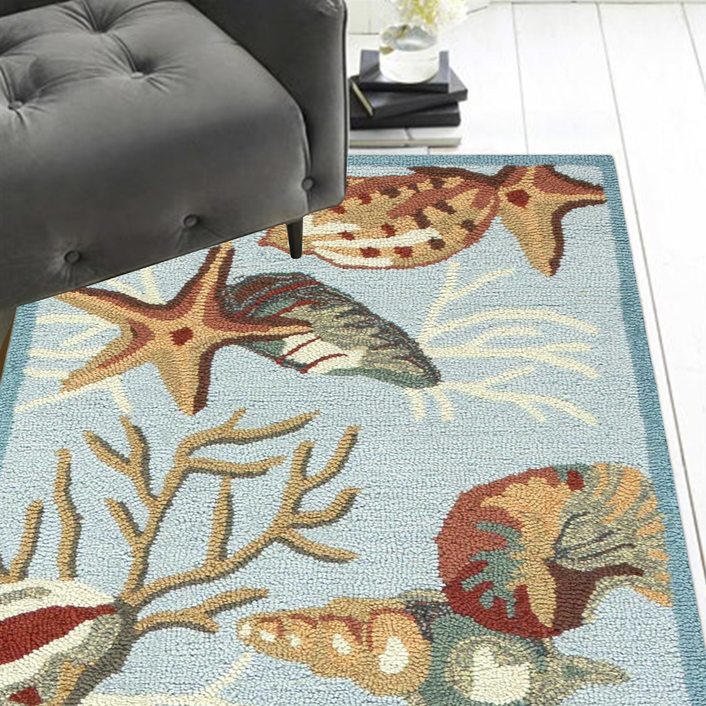 2'X3' Blue Hand Hooked Sea Shells Indoor Accent Rug