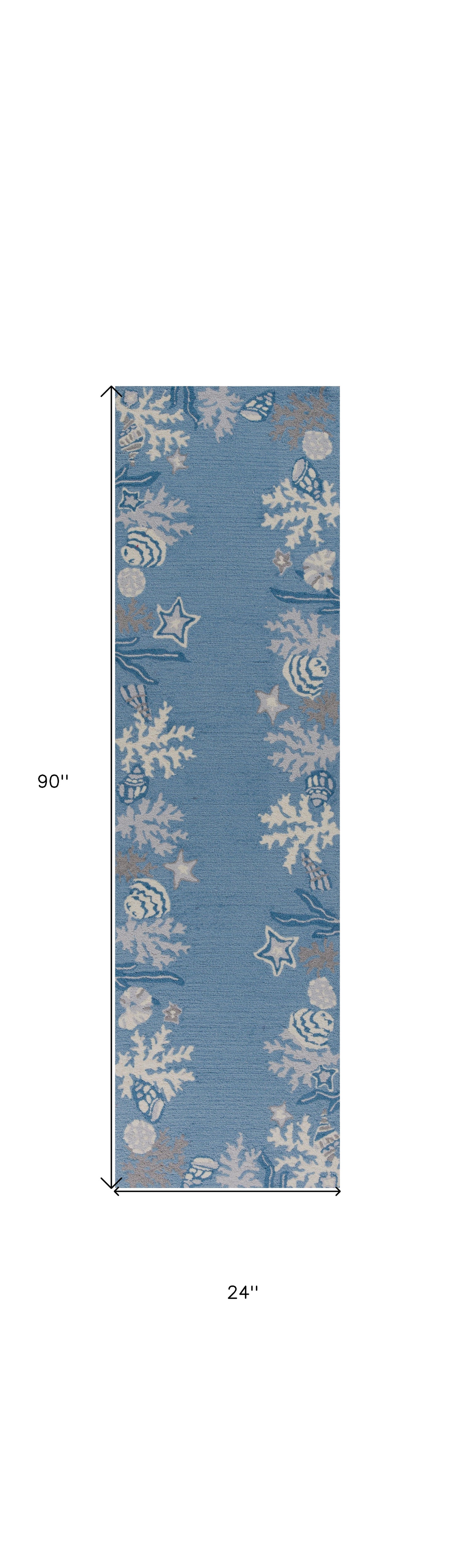 8'X10' Sea Blue Hand Hooked Bordered Coral Reef Indoor Area Rug