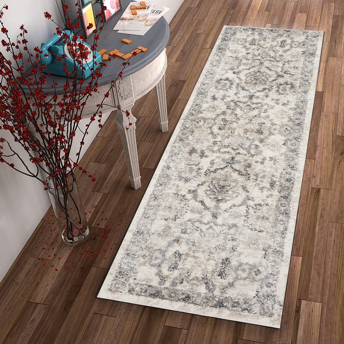 9'X13' Ivory Machine Woven Distressed Floral Traditional Indoor Area Rug