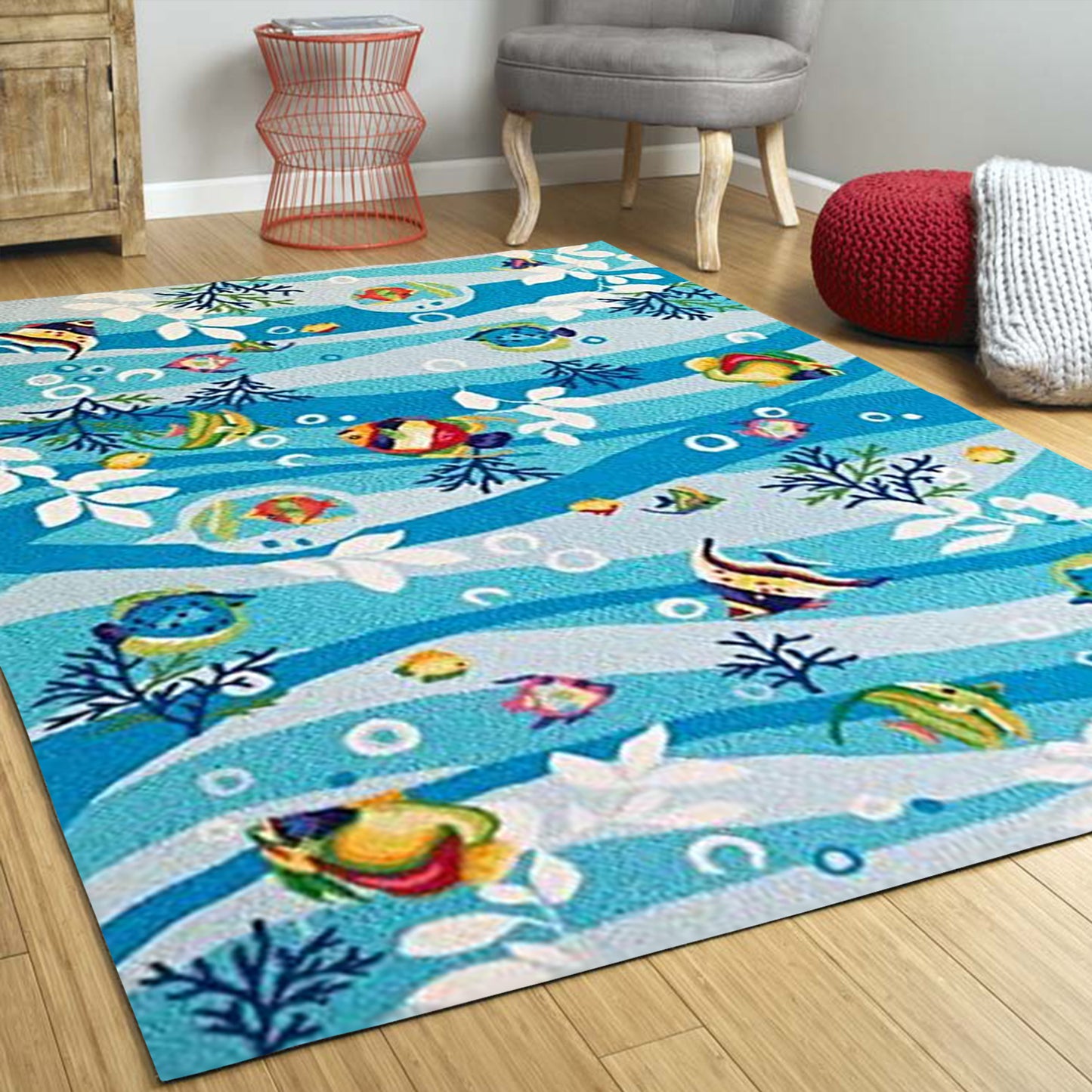 3'X5' Blue Hand Hooked Marine Life Indoor Area Rug